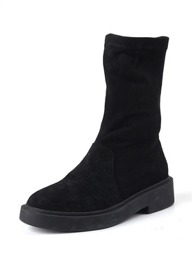 36码Shellys 弹力靴女短靴黑色平底厚底舒适百搭透气瘦瘦靴马丁靴