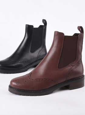 头层牛皮34-35莱尔斯丹Le saunda咖啡色短靴秋冬单靴马烟筒靴小码