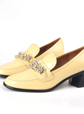 牛皮35-37恋尚萝莎Linea Rosa 水钻乐福黄色单鞋低跟女方跟显年轻