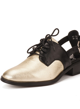 35-37牛皮shellys英国拼色包头系带凉鞋女夏新英式带后空单鞋低跟