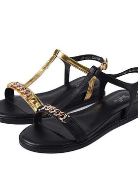 头层牛皮Shellys英国 猪皮里金色凉鞋女2025夏平底软底时装一字扣