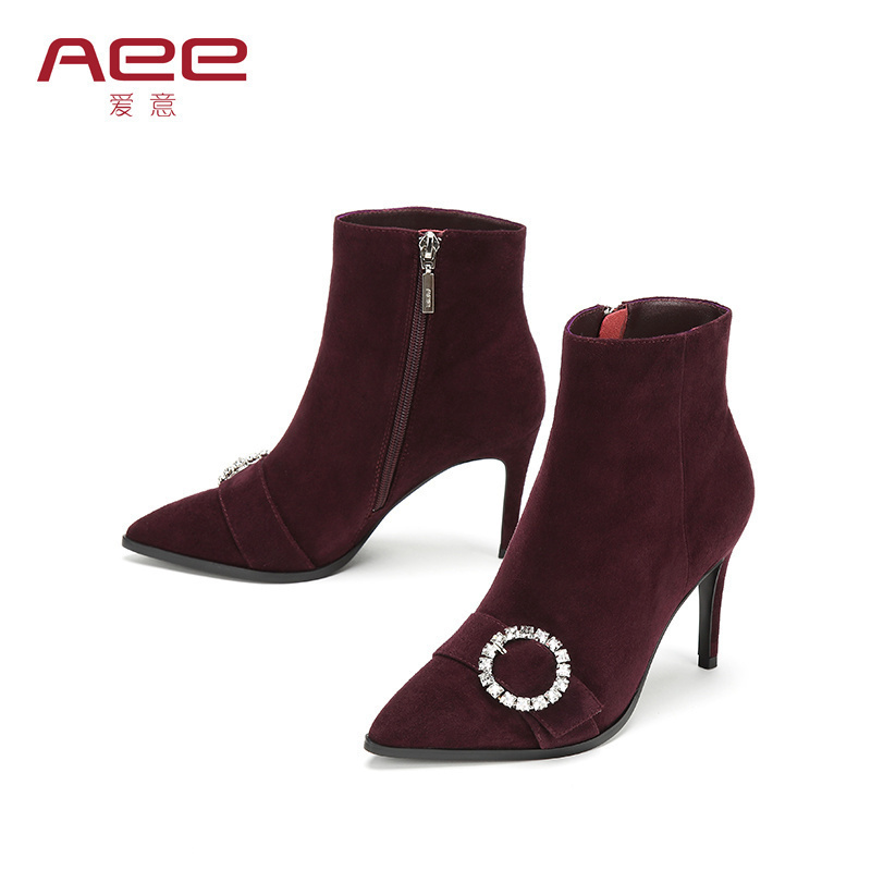 Aee爱意钻扣尖头细跟低筒时装靴