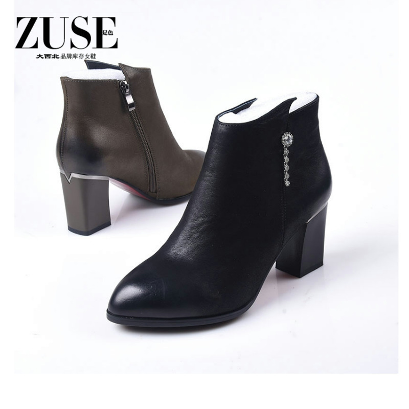 牛皮ZUSE粗跟尖头短靴专柜水钻绿