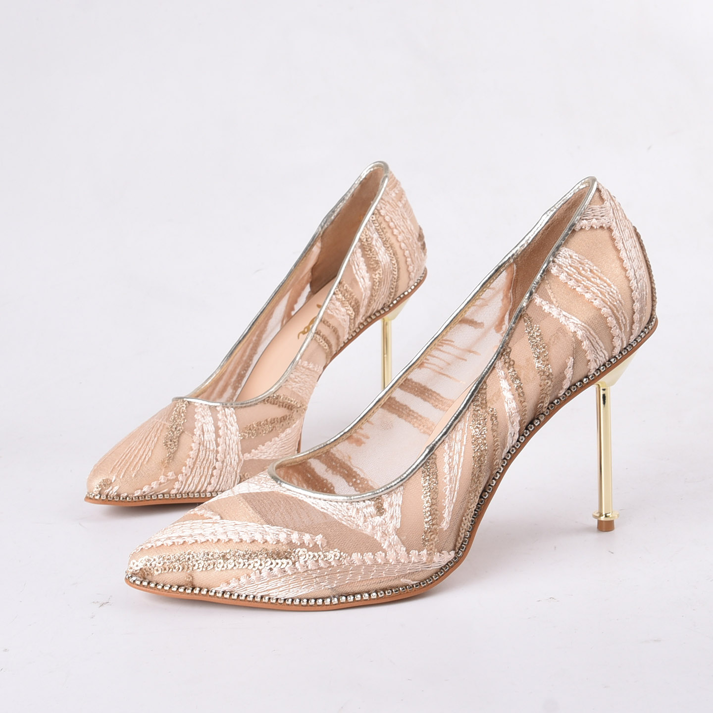 恋尚萝莎夏天蕾丝亮片米色高跟鞋