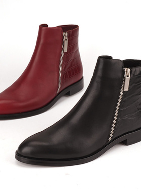 35-37牛皮 shellys英国 切尔西短靴秋烟筒靴酒红色马丁靴女英伦风