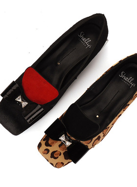 马毛/英国shellys英国 豹纹浅口个性单鞋方头磨砂蝴蝶结平跟鞋