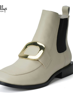 35-39头层牛皮 shellys英国 方扣烟筒靴新款女平底白色松紧口短靴