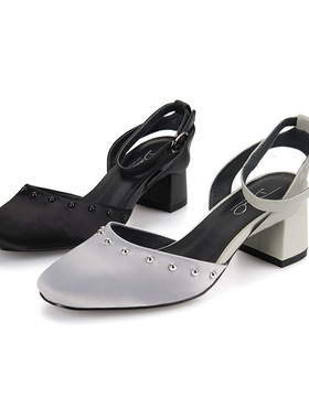 36品牌diduo 灰色2024新公主真丝包头铆钉优雅洛丽塔码女高跟凉鞋