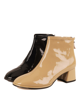 shellys欧洲站短靴女2023冬季新款胎牛漆皮粗跟靴子后拉链方头高