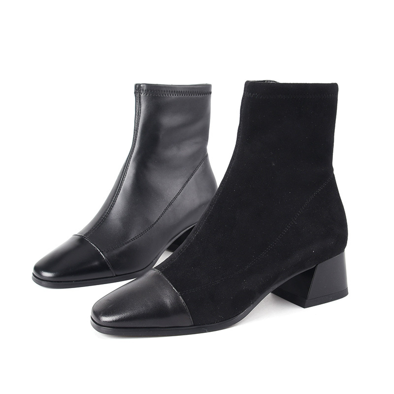 莱尔斯丹黑色接麂皮女短靴瘦瘦靴
