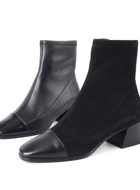 头层羊皮 34 莱尔斯丹Le sanuda 粗跟方头拼接黑色女短靴瘦瘦时装