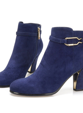 羊皮-38 莱尔斯丹Le saunda 深蓝色女法式金属潮ins炸街单短靴子