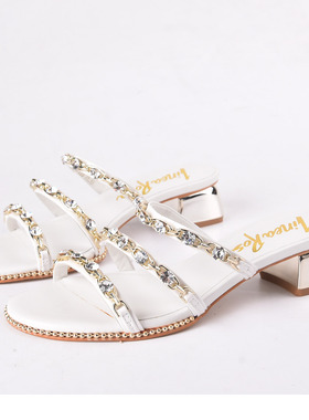 头层牛皮34恋尚萝莎Linea Rosa白色水钻金属露趾罗马中跟女凉拖鞋