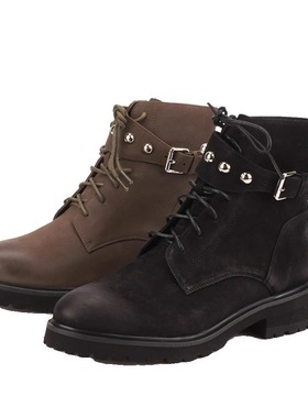 牛皮shellys 擦色马丁靴女2023秋冬新款皮带扣系带短靴厚底大黄靴