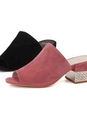 35-36/39真皮shellys英国 粉鱼嘴水钻中跟女凉拖鞋舒适粗低跟绒面