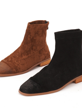 35-39 绒面shellys英国 女短靴方跟方头低平跟弹力中筒单靴瘦瘦靴