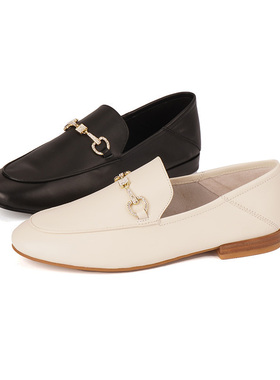 37-38牛皮shellys英国白色乐福鞋女2024春英伦风一脚蹬水钻马衔扣