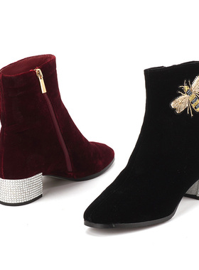 35绒面shellys英国品牌 蜜蜂刺绣花烟囱秋靴子短靴黑色女中短筒靴