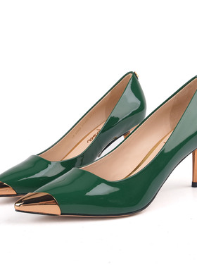 牛漆皮37-39恋尚萝莎Linea Rosa墨绿S金属尖头浅口单鞋女细高跟鞋