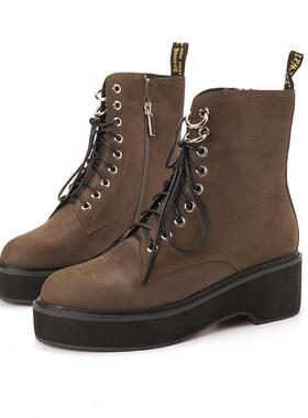 35/38-39磨砂胎牛Shellys 复古墨绿色显瘦短靴女水洗手工短靴系带