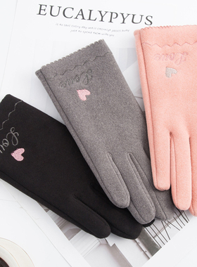 女士秋冬加绒加厚保暖手套骑车时尚可爱触屏学生德绒麂皮绒手套女