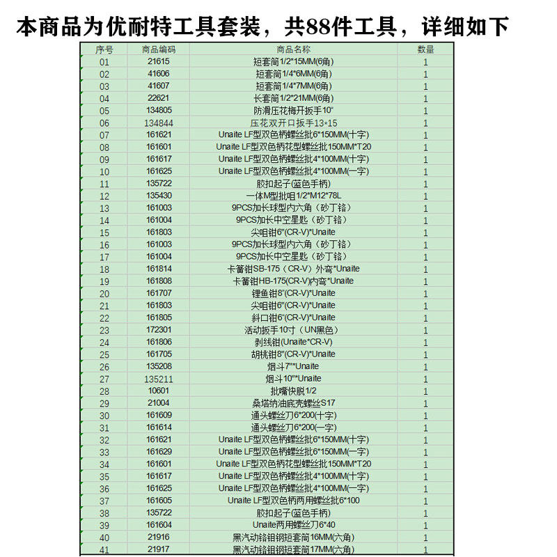 优耐特工具套装螺丝批套筒梅花开口扳手胶扣起子尖嘴钳批咀
