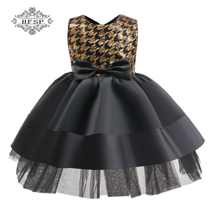 女童亮片礼服裙儿童黑色蓬蓬纱公主裙女宝生日走秀钢琴舞蹈演出服