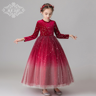女童礼服长袖连衣裙秋冬儿童长款公主蓬蓬裙走秀主持钢琴表演裙