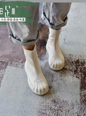 极简日系贝壳头凹造型导靴弹力后拉链松糕厚底超轻女骑士靴223030