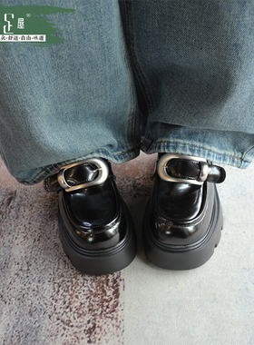 巨无霸超厚底真皮皮带扣乐福鞋一脚蹬松糕跟时尚小皮鞋女243063