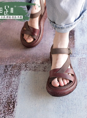 小众复古怀旧厚底松糕凉鞋女夏季真皮做旧超轻一字扣女鞋子82026