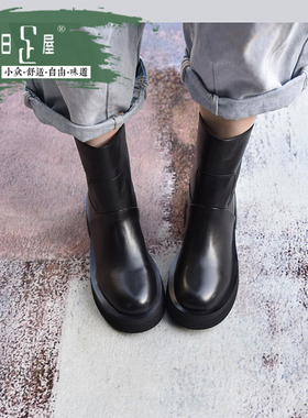 小众鞋楦黑色圆头粗跟饮奶牛皮百搭厚底休闲切尔西骑士女靴223053