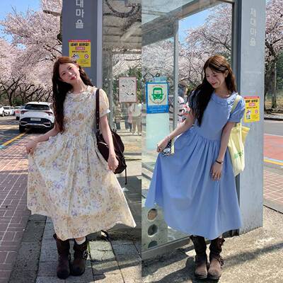 WHYSTUDIO 日系复古甜美碎花格子少女感泡泡袖宽松短袖连衣长裙