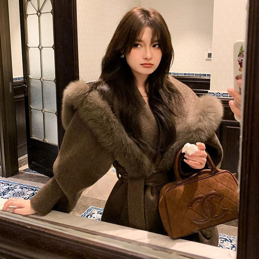 2025秋冬新款双面羊绒大衣中长款海军领毛呢外套狐狸毛皮草领