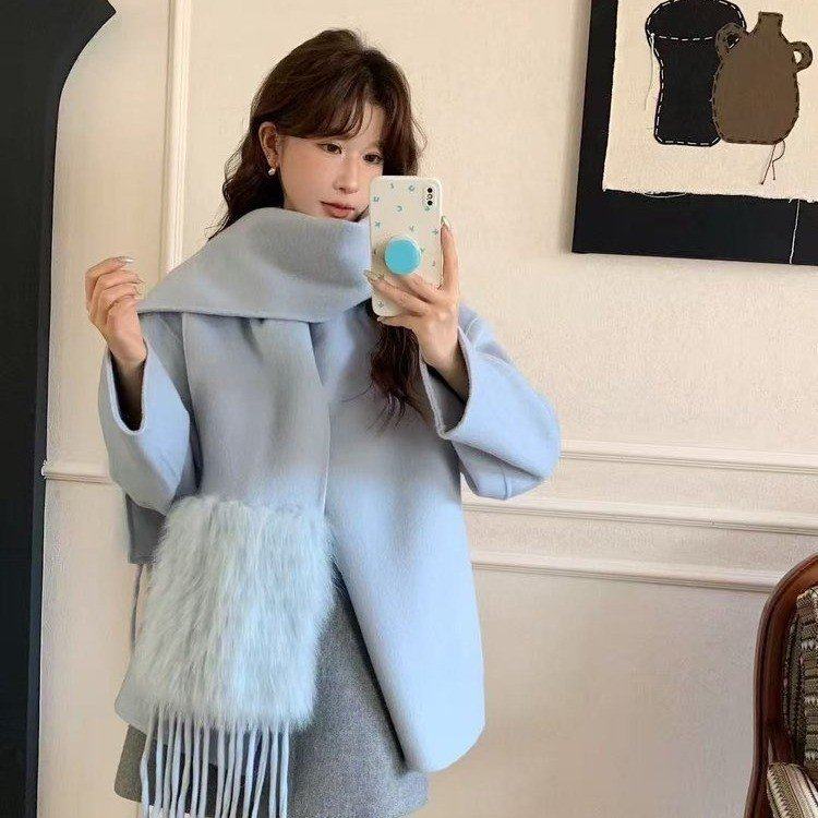 围巾领狐狸毛短款双面羊毛大衣女2025秋冬小个子高级感毛呢外套绒,女装/女士精品,毛呢外套,淘宝优惠券,粉丝福利购,淘宝优惠卷