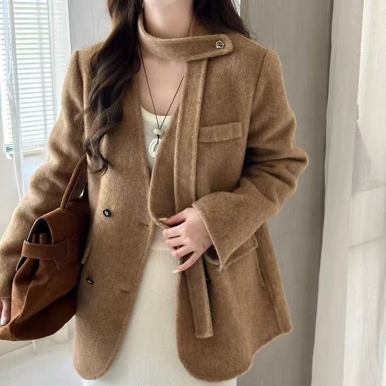 25年秋冬新款双面羊绒大衣女短款小个子挂脖飘带气质羊毛呢子外套