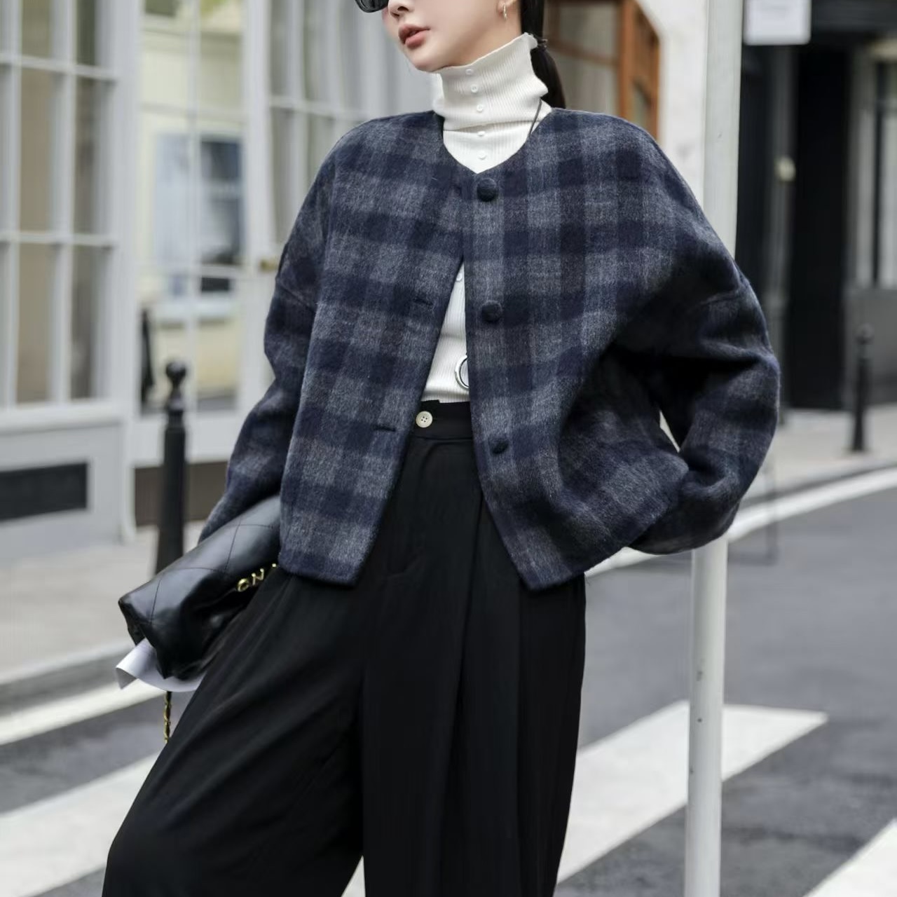 欧洲站复古格纹短款双面羊绒大衣女韩系高级感百搭学院风毛呢外套