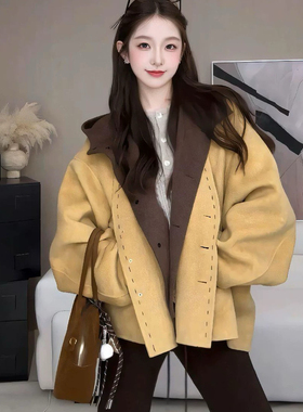 2025秋冬新款韩版黄色连帽两件套双面羊毛大衣毛呢外套女装高级感