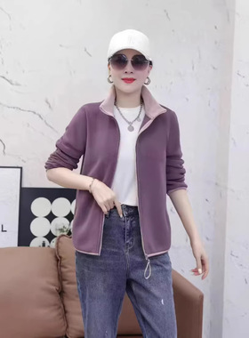 春秋新款洋气时尚休闲百搭双面奥粒绒宽松大码立领拉链妈妈装外套