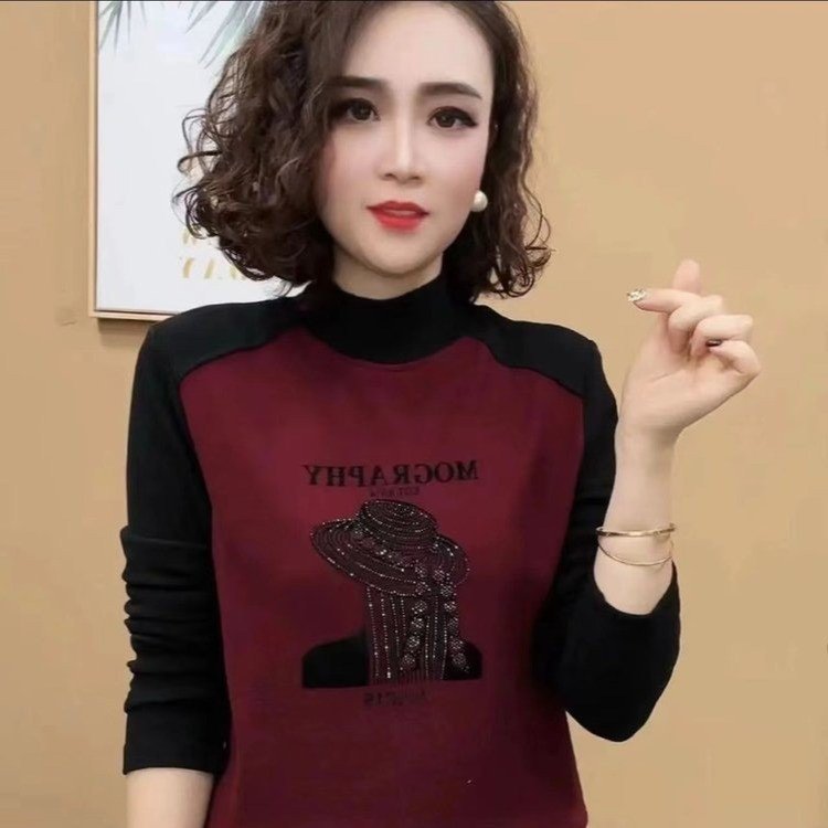 2024秋冬季新款半高领双面绒打底衫印花烫钻拼色保暖上衣