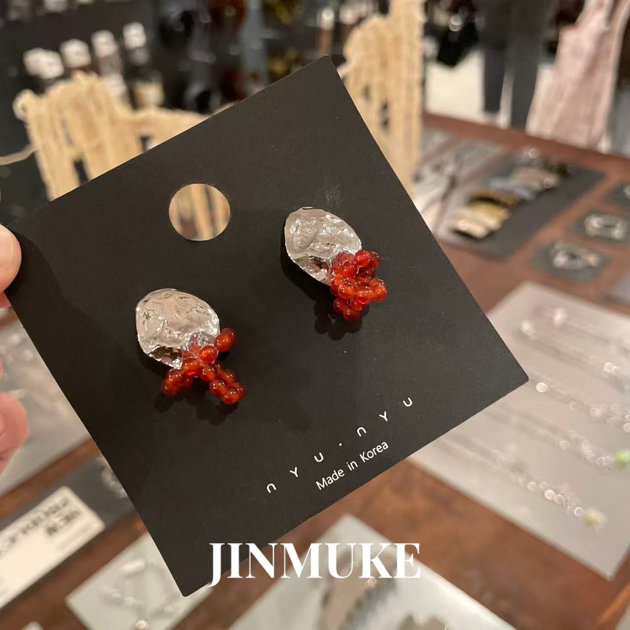 JINMUKE韩国进口耳饰品气质百搭简约纯色串珠蝴蝶结耳环耳钉耳饰
