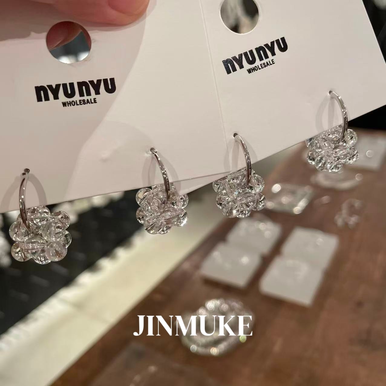 JINMUKE韩国进口耳饰品气质简约百搭银色透明花朵串珠耳钉耳环新