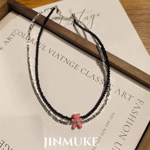 JINMUKE韩国饰品进口首饰品可爱粉色小熊组合项链锁骨链新品女