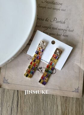 JINMUKE韩国进口耳饰闪亮彩色满钻流苏夸张耳钉耳环耳坠新品