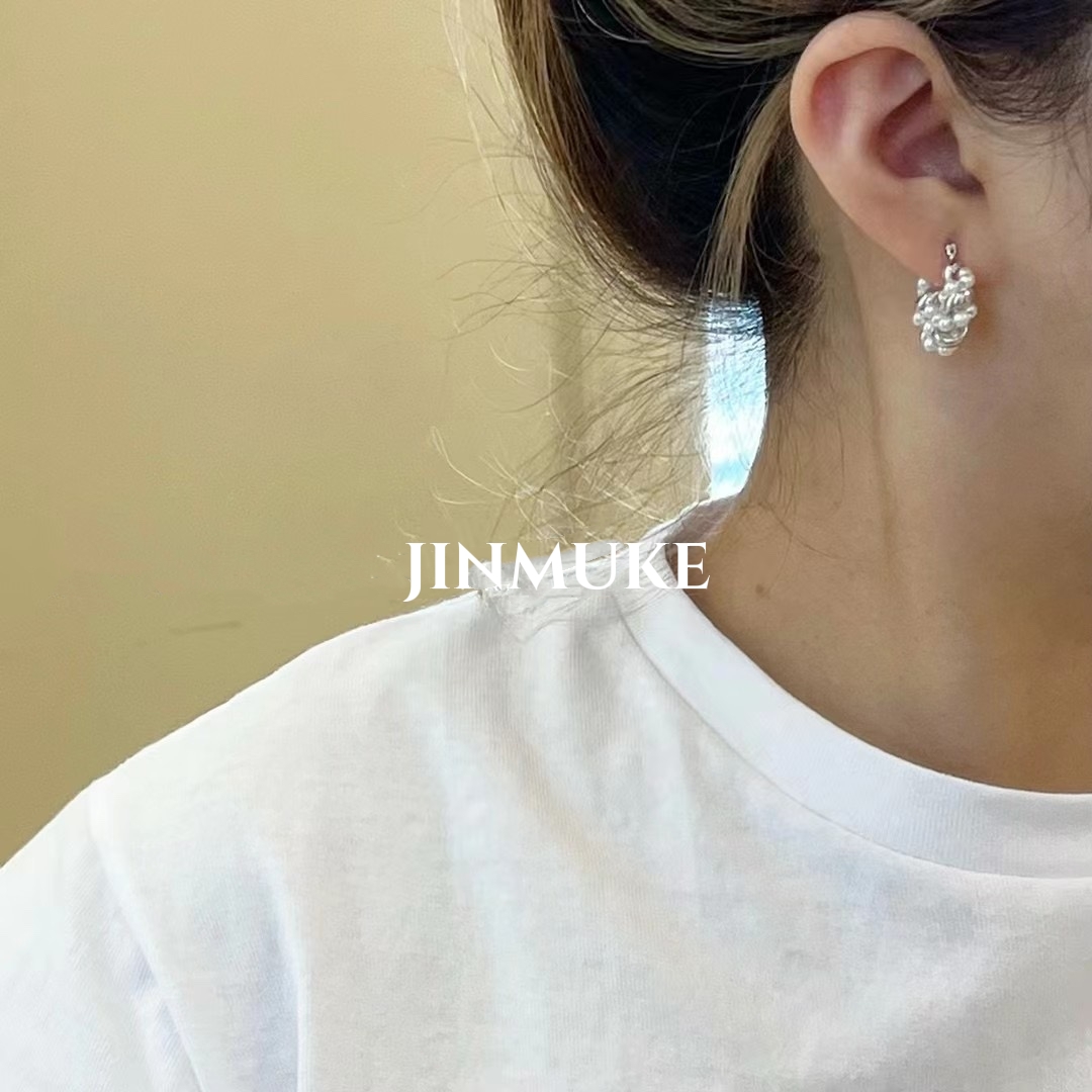 JINMUKE韩国进口耳饰 小众珍珠麻花缠绕气质复古圆形耳钉新款