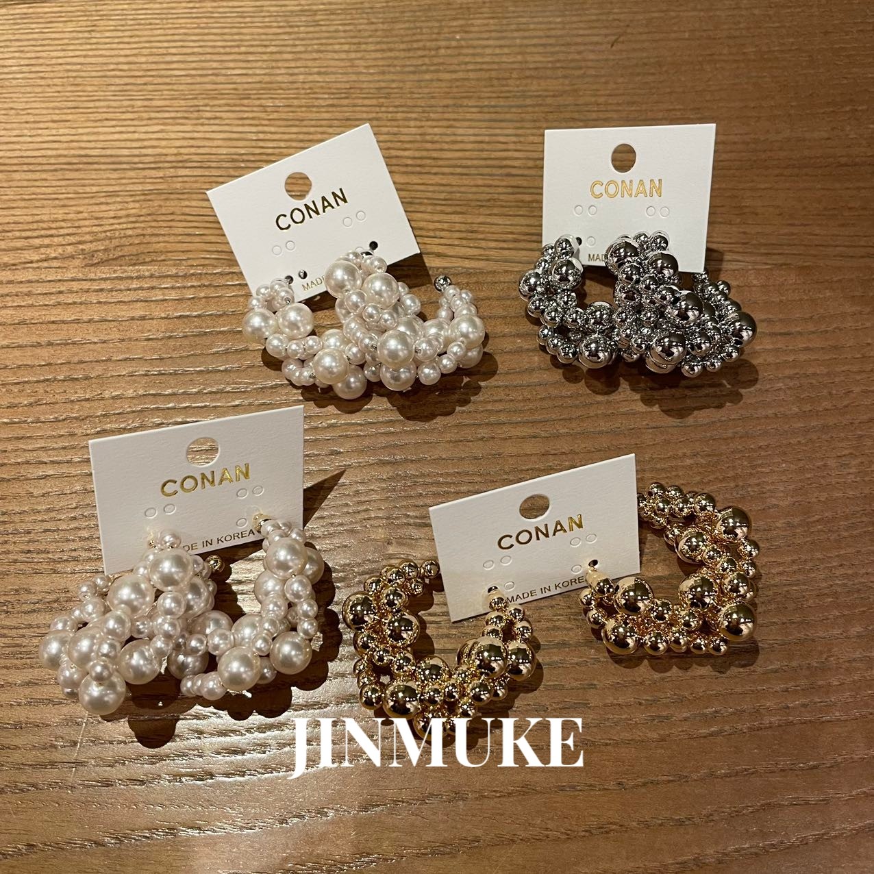JINMUKE韩国进口耳饰新款气质百搭复古珍珠手工串珠耳环耳针耳钉