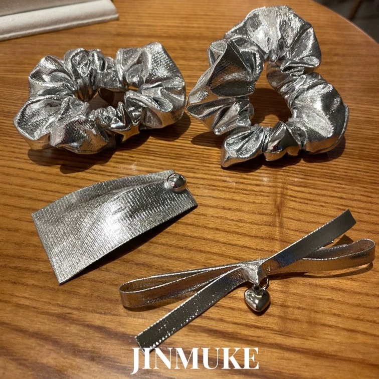 JINMUKE饰品韩国进口发饰头饰银色蝴蝶结气质亮面发圈发夹气质新