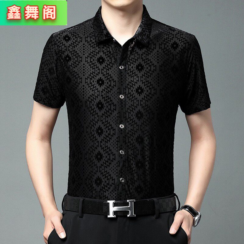 男士拉丁舞演出上衣国标舞衣中老年摩登舞蹈服交谊跳舞练功花衬衫