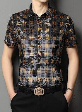 摩登舞练功服男式花色短袖衬衫拉丁舞国标比赛服训练演出跳舞上衣