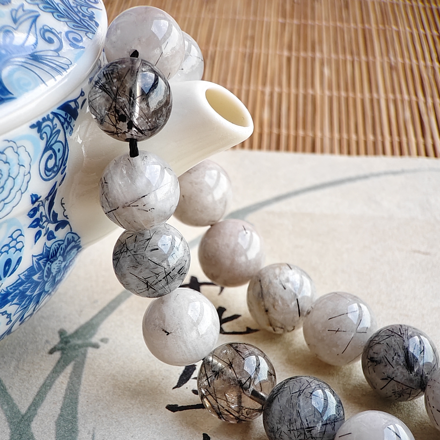 12mm天然黑发晶圆珠散珠子